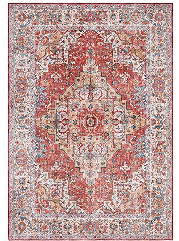 Nouristan Asmar Teppich – Wohnzimmerteppich Orient-Touch Detailiertes Muster Florales Kurflor Flachgewebe Teppich für Esszimmer, Wohnzimmer, Schlafzimmer – Ziegelrot, 80x200cm