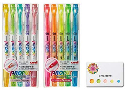 Uni Propus Window Double-Sided Highlighter Pen, with 4.0 mm/0.6 mm Twin Tip, 10 Color Set(PUS102T5C + PUS102T5CS) and Our Original Sticky Notes