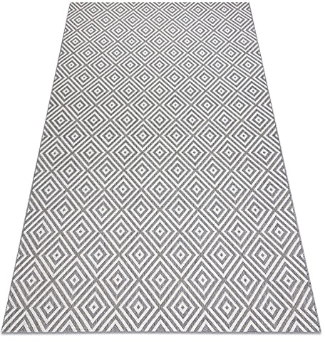 rugsx Teppich SISAL Flat Indoor Outdoor - Wetterfest & Pflegeleicht - Modern & Robust - Für Wohnzimmer Balkon Terrasse - Quadrate Diamanten Muster - Grau/Creme 140x200 cm