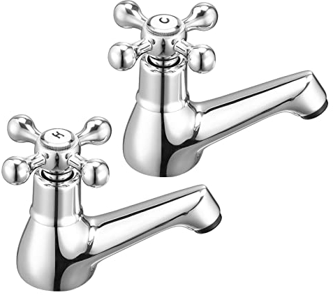 Wasserrhythm Basin Pillar Taps Pair Twin Bathroom Sink Taps Victorian Traditional Chrome Brass Cross Lever Two Wash Basin Taps Hot and Cold Taps Separate 2 Holes