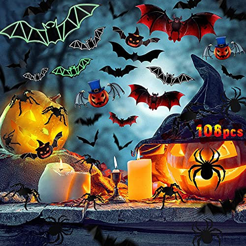 Halloween Fledermaus Spinnen Wandaufkleber, Fyvadio 108 Pcs Halloween Deko Set 3D Fledermäuse, Kürbis Fledermäuse, Leuchtende Fledermäuse, PVC Spinnen Sticker für DIY Halloween Party Dekoration