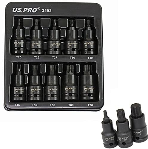 US Pro 10pc Impact Torx Socket Bit Set 1/2'' Drive T20 to T70 Star TRX