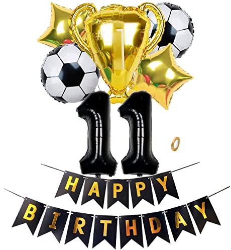 Jxuzh Fußball Party Dekoration Fussball Happy Birthday Banner Fußball Luftballon XL Zahl 11 Zahlen Ballon Schwarz Fussball Folien Ballon Pokal Gold 11. Kinder-Geburtstag Junge Geburtstagsfeier