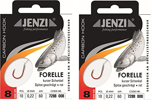 Spar-Set: 2 Packungen JENZI gebundene Forellenhaken (20 Stück) r Mono, 60cm Hakengröße 4, 6, 8, 10 & 12 je nach Auswahl + gratis Petri Heill! Aufkleber (Hakengröße 10)
