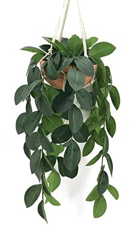 Hisow Hanging Plants Artificial Decor, Fake Hanging Plant in Clay Pot Artificial Hanging Plants with Fake Leaves and Hook for Wall Home Room Indoor Outdoor Décor (Dark Green)