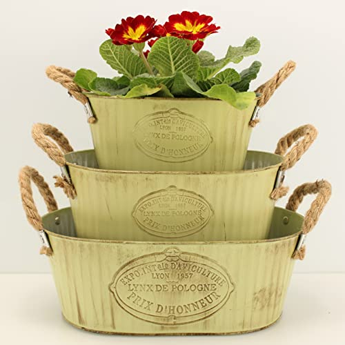 OF 3 Blumentöpfe aus Metall im Vintage Look - Blumentopf, Pflanzkasten Set - Grün, Weiß, rund oder oval (Grün oval P63)