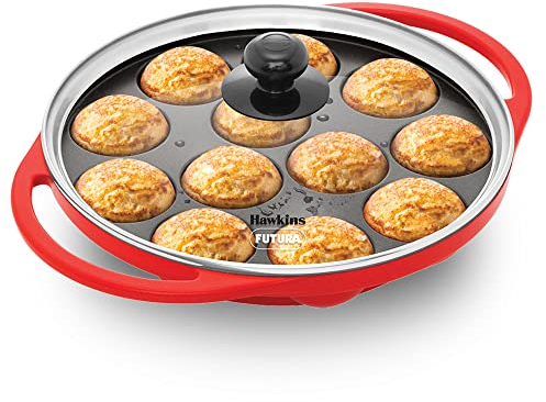 HAWKINS Futura Pan-NAPE26G Appe, Non Stick Glass Lid, Paniyarakkal Ceramic, Litti, Kuzhi Paniyaram, Ponganalu Pan, 26 cm, Red