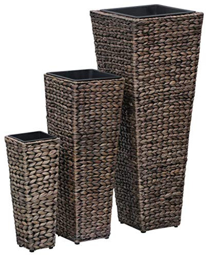 vidaXL Lot de 3 jardinières surélevées avec pots intérieurs en plastique amovibles - Cadre en acier - Vase en jacinthe d'eau - Marron foncé