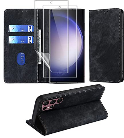 MiKoyi Cover Compatibile con Samsung Galaxy S23 Ultra 5G, [1+2Pezzi] Pellicola Protettiva Flip Caso Custodia Anti Graffio Anti-Impronte [Blocco RFID] Slot per Schede per Galaxy S23 Ultra 5G Nero