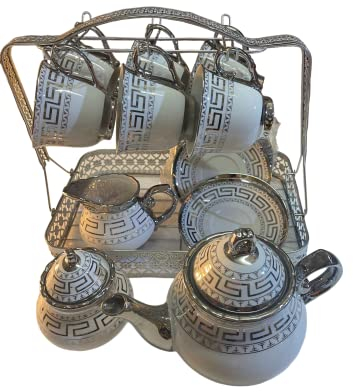 Service à café/thé 15 pièces avec support, tasses, soucoupes et carafes, design argenté et blanc