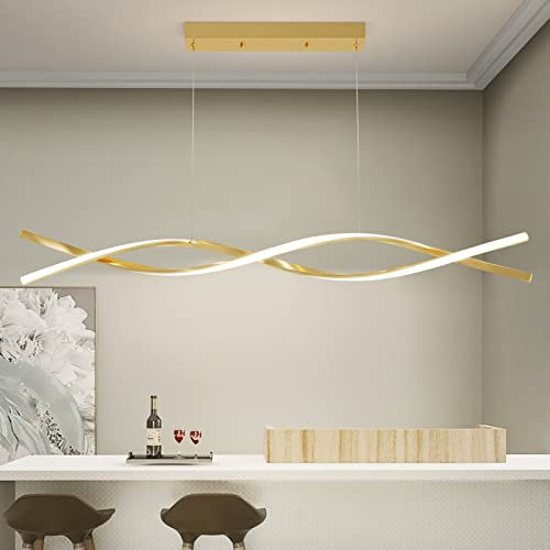 Mikeru 100CM Gold Kitchen Island Lights, LED Wave Pendant Light with Remote Control (Without Batteries) 10%-100% Dimmable 3000K/4500K/6000K Modern Chandelier for Living Room