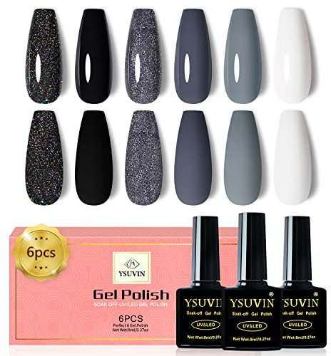 YSUVIN Vernis Semi Permanent, 6 Couleurs Pailleté Noir Gris Blanc Foncé Brillant Vernis à Ongles En Gel Soak Off UV Semi-permanent Gel Polish pour Novice Professionnel Halloween Manucure Kit