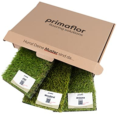 Primaflor Kunstrasen Muster-Box - BASIC, 3 Muster je 15x20 cm, UV-Beständiger, Wasserdurchlässiger, Rasenteppich, Outdoor Bodenbelag, Kunstgras für Garten, Terrasse und Balkon