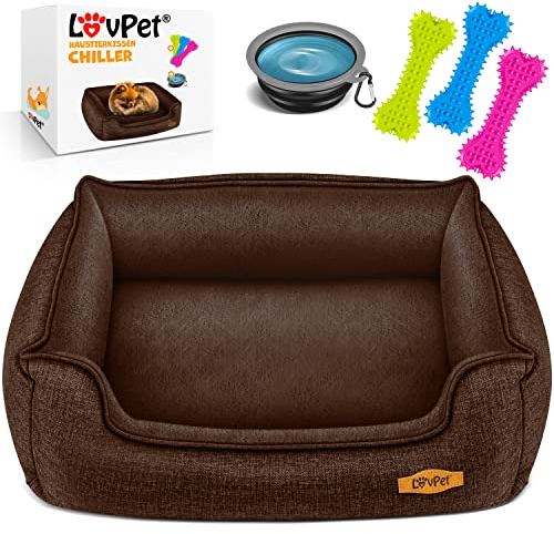 Lovpet® Hundebett Hundekissen Hundekorb Chiller, Inkl. Napf + 3X Kauknochen, Hundesofa Kissen für Kleine, Mittelgroße & Große Hunde, Bezug abnehmbar und waschbar, M 70 x 55 x 21 cm Braun