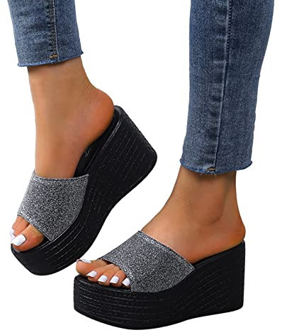 Dasongff Sandale Semelle Epaisse Sexy Club Femme Claquette Paillette Plateforme Bout Ouvert Été Sandales de Plage Talons Compensée Haut Tongs Pantoufles Slip-on Enfiler Grande Taille pour Femmes