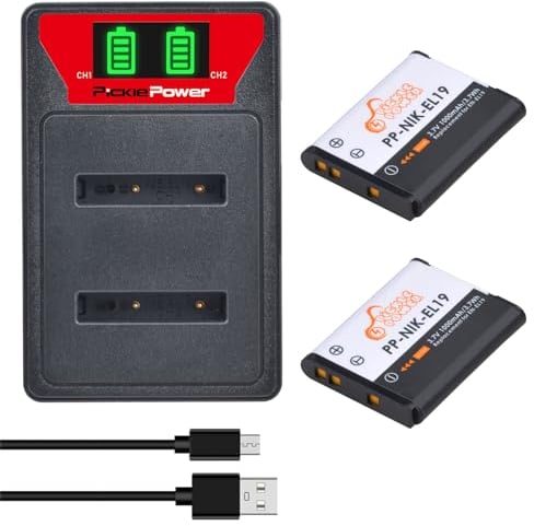 Pickle Power 2X EN-EL19 Batterie LED Double Chargeur pour Nikon Coolpix S32 S33 S100 S2500 S2800 S3100 S3200 S3500 S3600 S4100 S5200 S6500 S6600 S6800 S6900