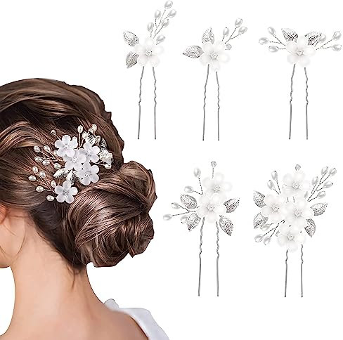 TONAUP 5 Pièces Épingles à Cheveux de Mariage, Hair Clips de Perle Feuilles Fleur Pinces à Cheveux Accessoires de Cheveux en Cristal de Fleur pour Marriage Anniversaire Fête - Argent