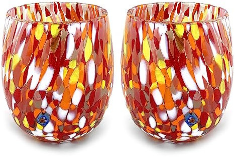 MAZZEGA ART & DESIGN - 2 vasos de agua de cristal soplados y hechos a mano con murrine Murano refinados y originales - Los colores de Murano - Modelo Colombina 435 ml. Fabricado en Italia (rojo, 2)