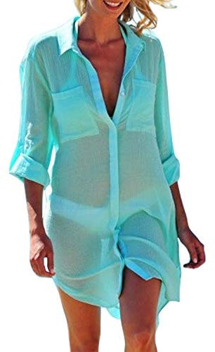 yocozy Women Summer Shirt Beach Bikini Cover Up Beachwear Swimsuit Coverups Dress Blouse Green