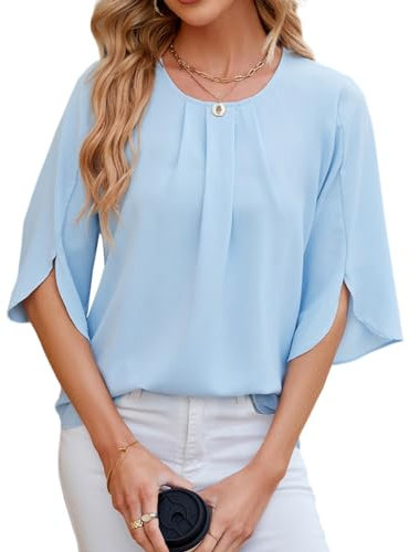 YUTILA Bluse Damen Elegant Tunika Chiffon Damenblusen Oberteil Einfarbig Frühling 3/4 Arm Oberteile Herbst Blusenshirt