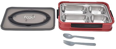 Plateau Rectangulaire à Assiettes Divisées En Acier Inoxydable, Assiettes à Dîner En Métal à 4 Sections, Assiettes Divisées Pour la Cantine Scolaire des étudiants(rouge)