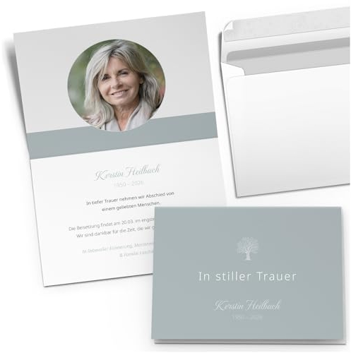 10 Karten Einladung zur Beerdigung und Trauerfeier PERSONALISIERT | INDIVIDUALISIERT mit Text Foto und Umschlägen Klappkarte stilvoll hochwertig Karten Motiv Blau grau schlicht Baum