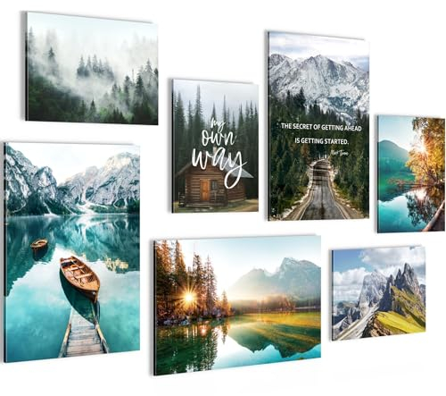 Novart Wandbilder Set Natur Berge See Landschaft - KEIN EXTRA RAHMEN BENÖTIGT - Modern Deko - Wohnzimmer Schlafzimmer Flur N028472a