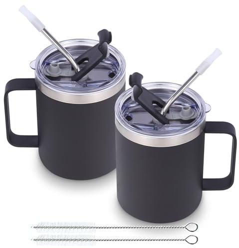 Volhoply 12oz Insulated Leakproof Coffee Mug with Sliding & Straw Lid Bulk 2 Pack,Double Wall Vacuum Stainless Steel Travel Tumbler Cup with Handle,Reusable Camping Mugs Keep Cold/Hot(Black,2 Set)