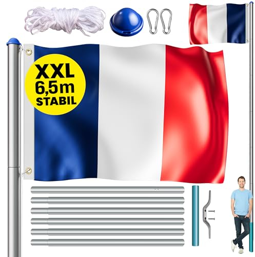 MONZANA® Mât de drapeau télescopique aluminium 6,5m cordelette hissage douille de sol drapeau France réglable hauteur jardin hampe drapeau