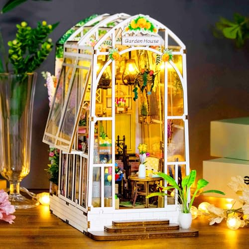 YUEJIDZ Book Nook Kit mit Miniatur Haus,DIY Puppenhaus Gartenhaus aus Holz Möbeln und LED-Licht,3D Puzzle Booknook Kit für Erwachsene, Modellbausätze für 14 Jahre+ Kreatives Geschenk