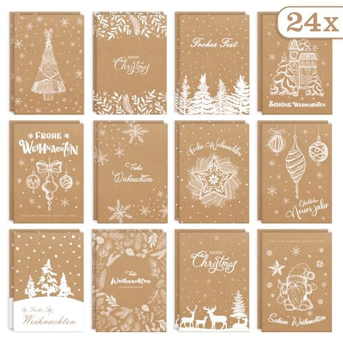 DEEPLAY Weihnachtskarten 24er Kraftpapier Weihnachtskarten Set mit Umschlägen & Aufklebern, Elegante Gefaltete Weihnachtsgrußkarten für Familie, Freunde