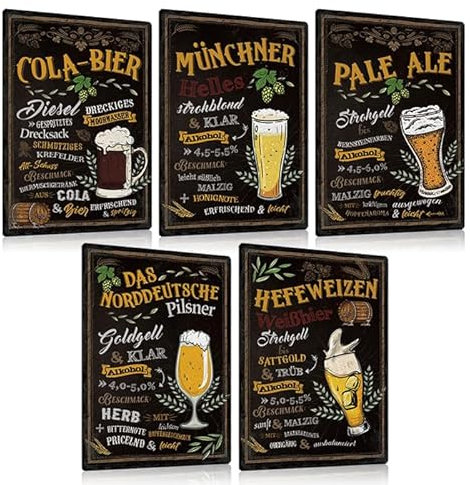 5ER BIER REZEPTE SCHILD SET 20X30cm - Retro Bar Metall-schilder mit Sprüchen - Vintage Kneipen Blechschild Wand-deko für Theke Partyraum Kellerbar Partykeller - Geschenk für Männ Papa (SET C)