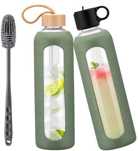 HYDRAGLAZIC 950ml Gourde en Verre Avec Paille et 2 Couvercle, Bouteille d'eau Motivation Graduée Pour 1 Journee Avec Marqueur de Temps Housse en Silicone, Sport Gourde Reutilisable,Olivier