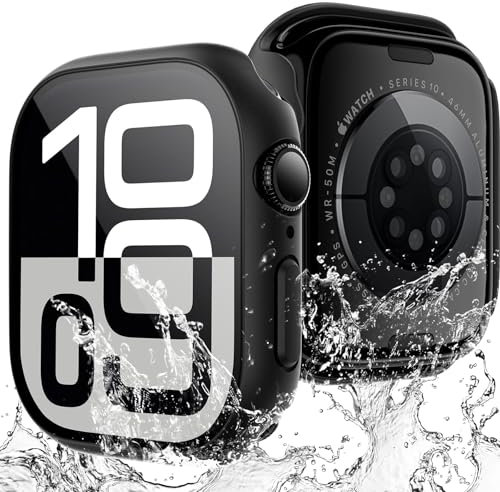 TAURI 2 Pezzi Cover per Apple Watch Series 11/10 46mm, [Certificazione IP67 Impermeabile] con Protezione in Vetro Temperato 9H, [Completa] Custodia Protettiva Sottile 46mm-Nero