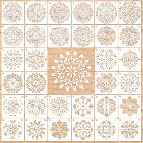 MWOOT 32 Pieces Mandala Painting Stencils,Flower Paint Drawing Templates for Wood Tile Rock Painting Canvas Wall Scrapbook,DIY Plastic Scale Stencils for Crafts Reusable (12x12 CM)