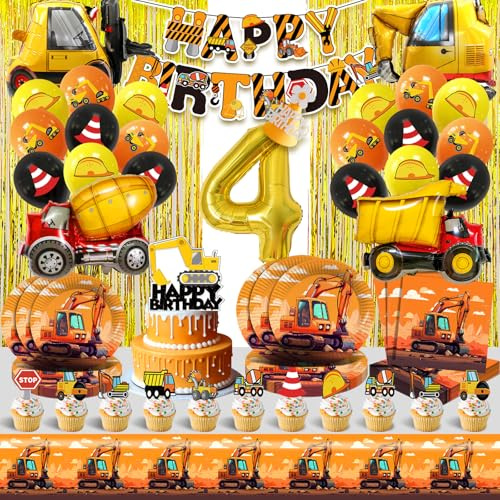 Baustellen Geburtstag Deko 4 Jahre,Bagger Kindergeburtstag Luftballons 96 Pcs,Bagger Partygeschirr Set mit Pappteller Servietten Tischdecke Tortendeko,BAU Thema Ballon Geburtstag Jungen Mädchen