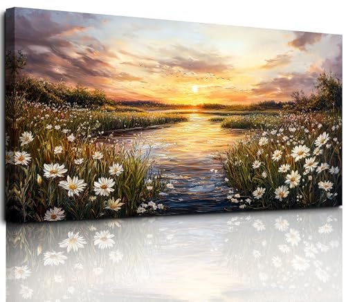 MHARTK66 Blume Meer Leinwand Bilder, 50x100 cm Groß Wandbilder Wohnzimmer Sonnenuntergang Landschaft Bild Aesthetic, Modern Wanddeko Kunstdruck Schlafzimmer Esszimmer Büro Küche Badezimmer