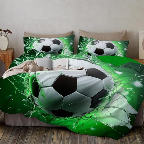 WunM Studio Copripiumino Tema Sportivo, Set di biancheria da letto per bambini, Calcio Verde, copripiumino con chiusura lampo e 2 federe 50 x 75 cm 135 * 200cm