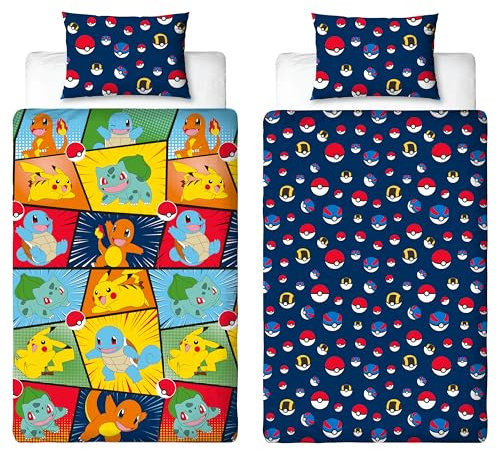 Pokemon Kinder-Bettwäsche-Set, offizielles Lizenzprodukt, Pikachu Bulbasaur Charmander Squirtle Design, wendbar, 2-seitige Bettwäsche mit passendem Kissenbezug, Kinder-Bettwäsche-Set