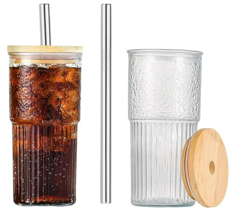 Funvalley Surperfect 2-Pack Ribbed Glass Cups with Bamboo Lids and Straws 20oz, Reusable Thickened Glass Tumbler, Clear Drinking Glasses for Iced Coffee, Smoothies, Cocktails, Juice, Matcha, Beer