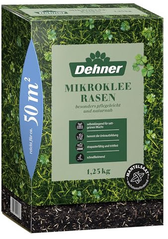 Dehner Saatgut Mikroklee-Rasen, hochwertige Rasensamen für dichten/sattgrünen Rasen mit feiner Optik, pflegeleicht/selbstdüngend, ideal für Spiel- & Entspannungsflächen, 1.25 kg für ca. 50 m²