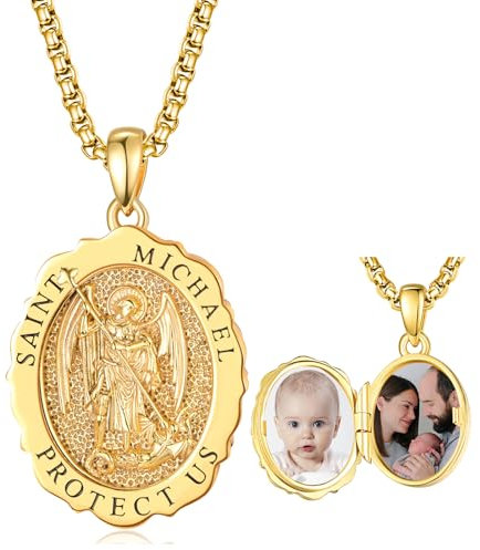 TANGPOET Erzengel Michael Medaillon Kette mit Bild für Damen Frauen Herren Männer 925 Silber vergoldet Aufklappen Foto Halskette Schutz Amulett zum öffnen Katholisch Christlichen Schmuck Geschenke