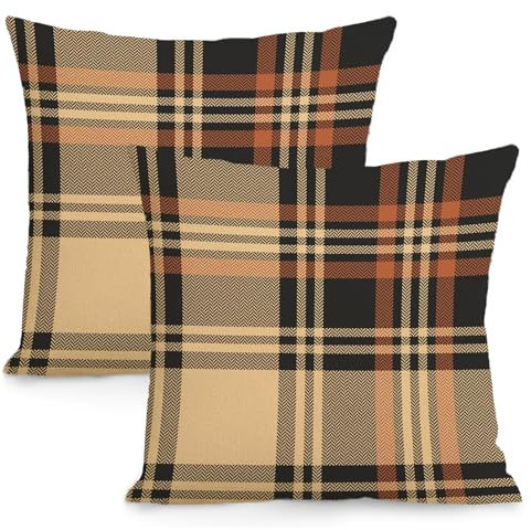 Herbst-Karomuster, 45,7 x 45,7 cm, 2 Stück, Beige, Schwarz, Orange, Karo, Vichy-Muster, Herbst-Motiv, dekorative Dekokissen, Outdoor-Kissenbezüge, quadratisch, Bauernhaus-Kissen, Danksagung