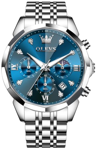 OLEVS Herrenuhr Analoger Quarz Chronograph mit blauem Zifferblatt, Lünette mit Kristallbesatz und Edelstahlarmband
