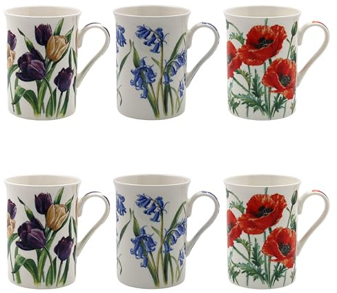 Tamersgifts Fine China Floral Mugs, 300ml Capacity, Set of 6, Assorted Garden Flower Designs (6 Pretty Flower Mugs)