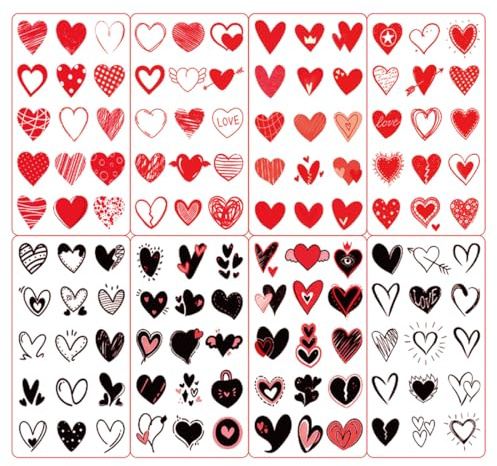 WUSJCOF 30 modèles de tatouages temporaires rouges et noirs en forme de cœur, 2 couleurs, 120 pièces, tatouages imperméables pour les amoureux, convient aux femmes.