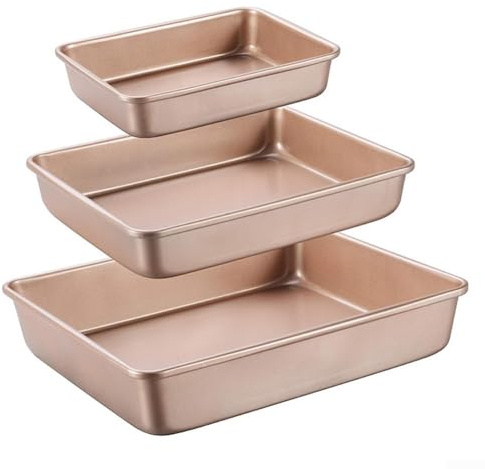 babominimer Carbon Steel Baking Trays Set Of 2 Non-Stick Cookie Sheet Roasting Pan Rectangular Oven Bakeware Rose Gold Professional Grade Kitchen Baking Sheets(B)