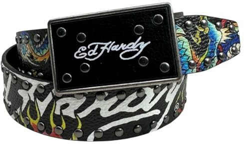 ED HARDY Herren-Gürtel mit Drachen-Motiv, Tattoo-Druck mit Nieten, 38 mm