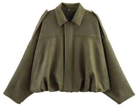 Army Green Women's Bomber Jacket Pilot Bomber Jackets Long Sleeve Oversized Streetwear - Faux Suede, Batwing Sleeves, Full Zipper & Buckle Closure M