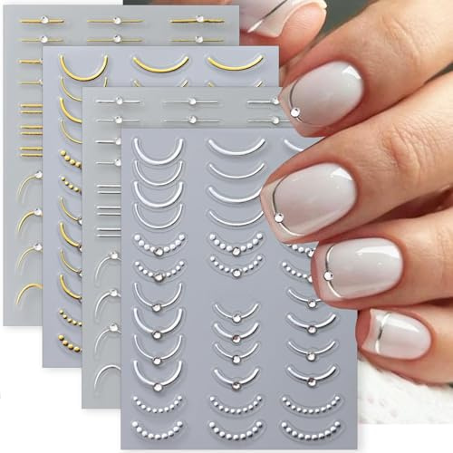 Stickers Ongles 5D French Manucure, Autocollants pour Ongles Nail Art Dorés et Argentés, Déco Ongle Strass Chic, Accessoires Manucure pour Femmes et Filles, Décoration Salon d’Ongle – 4 Feuilles